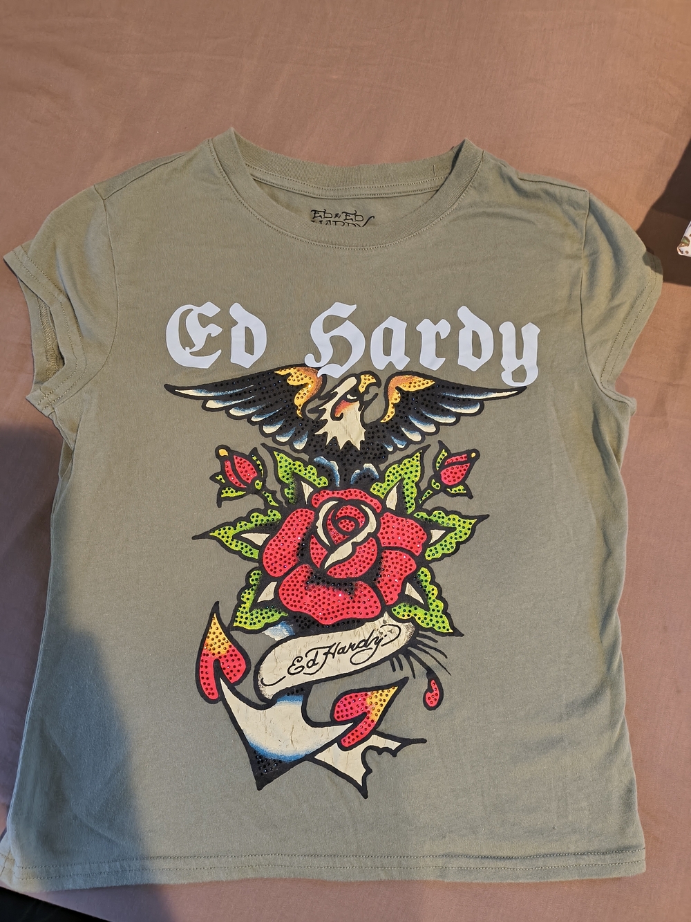 Ed Hardy Olive T-Shirt with Bright Rose and Eagle Graphic